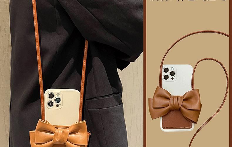 Bow Card Faux Lanyard Leather Case Holder Phone with