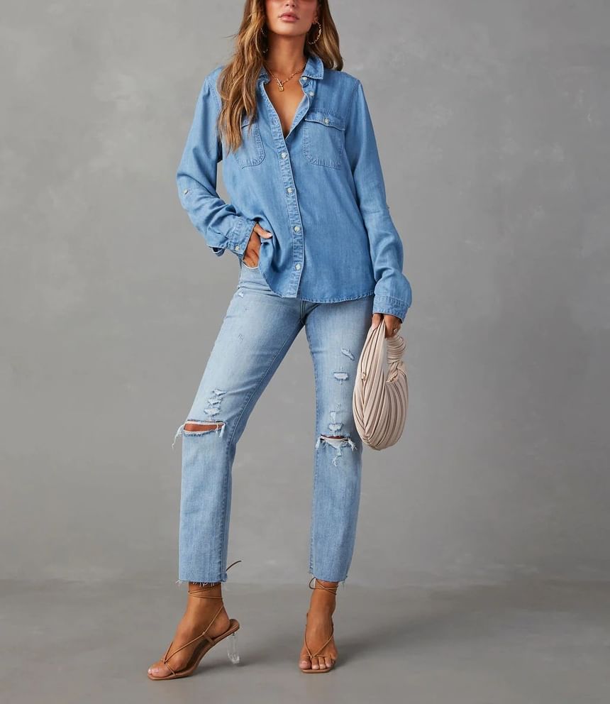 Long V-Neck Shirt Loose-Fit Denim Sleeve