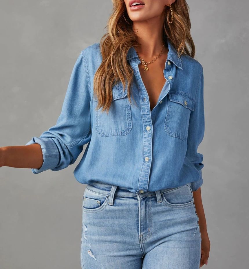 Long Sleeve V-Neck Loose-Fit Denim Shirt
