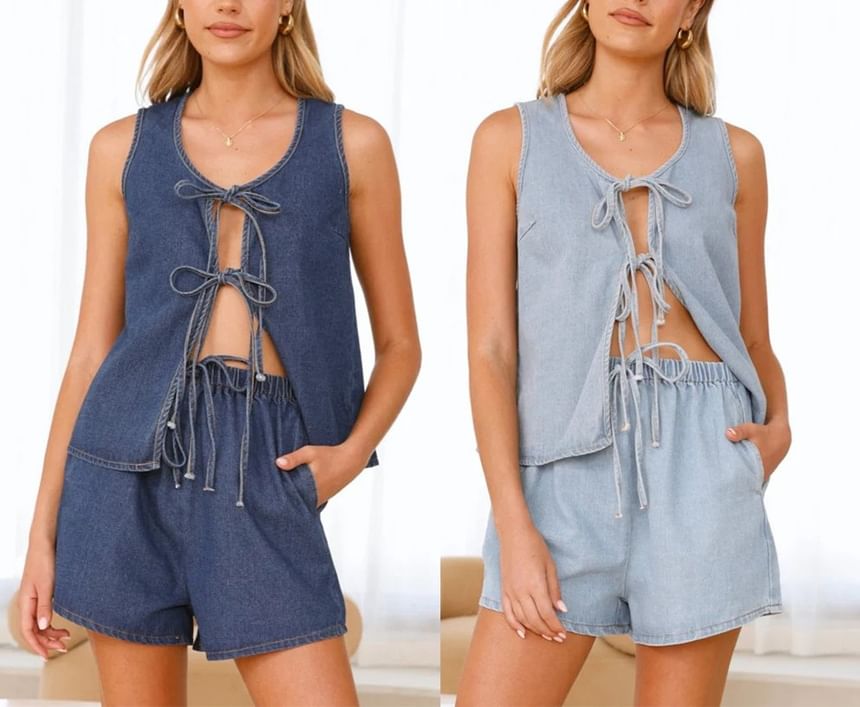 Set: V-Neck Tie-Front Denim Tank Top + High Waist Wide-Leg Mini Shorts