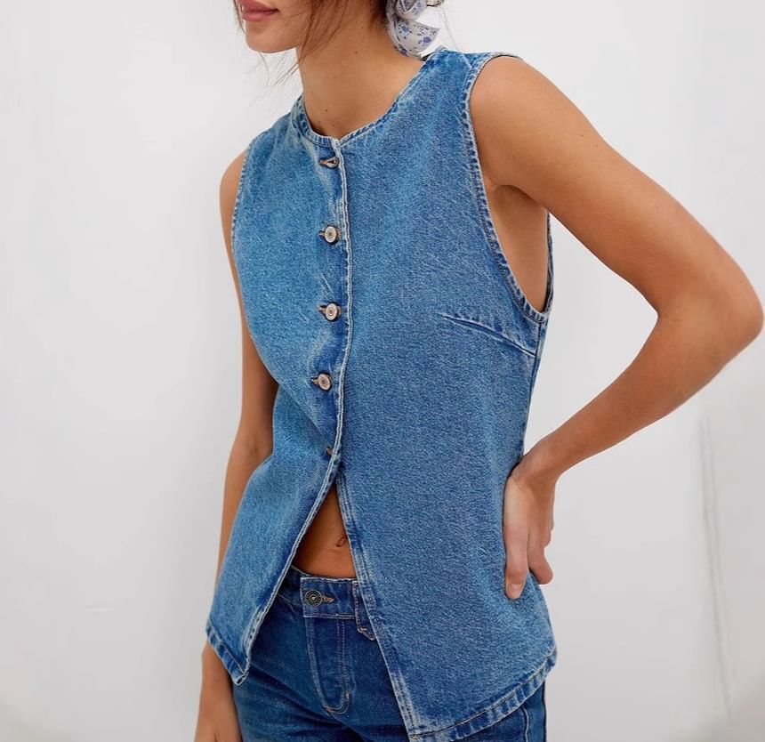 Washed Button-Up Slim-Fit Denim Tank Top