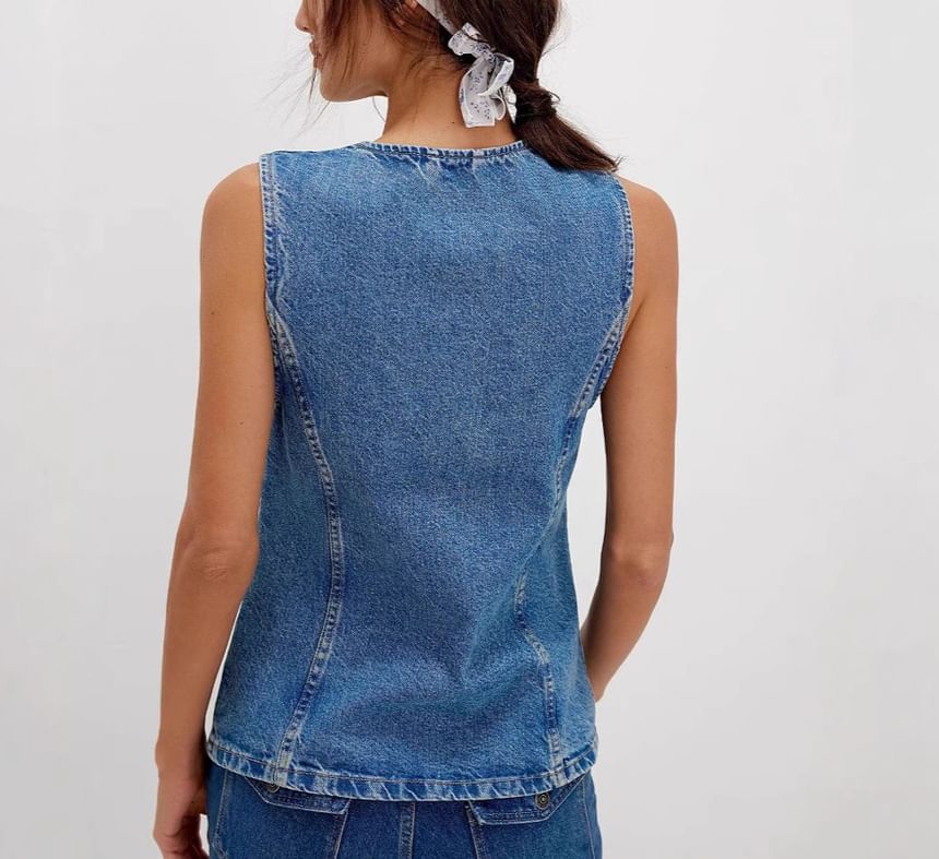 Washed Button-Up Slim-Fit Denim Tank Top
