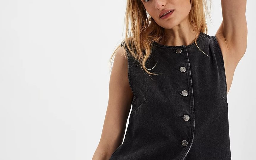 Washed Button-Up Slim-Fit Denim Tank Top