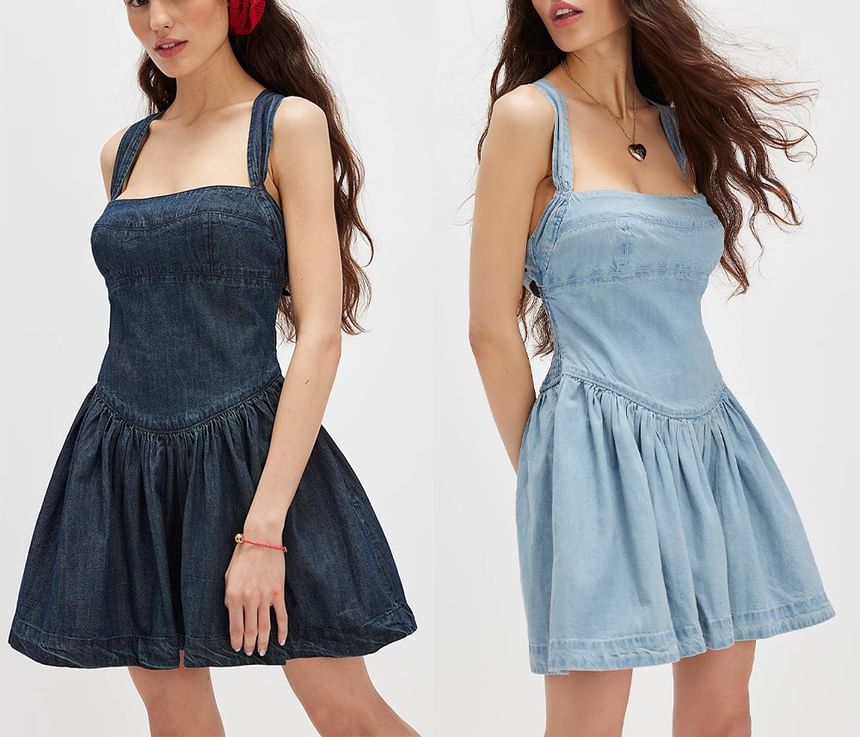 Washed Mini Denim Dress Sleeveless Slim-Fit Square-Neck