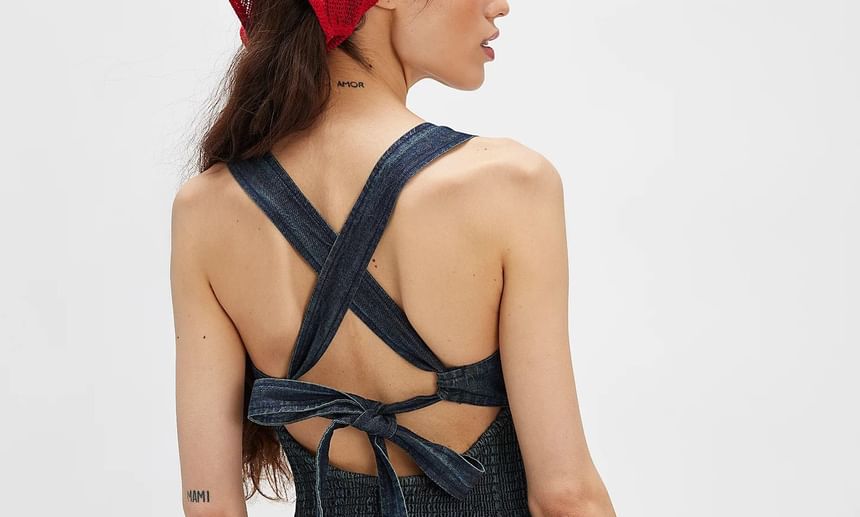 Washed Mini Denim Dress Sleeveless Slim-Fit Square-Neck