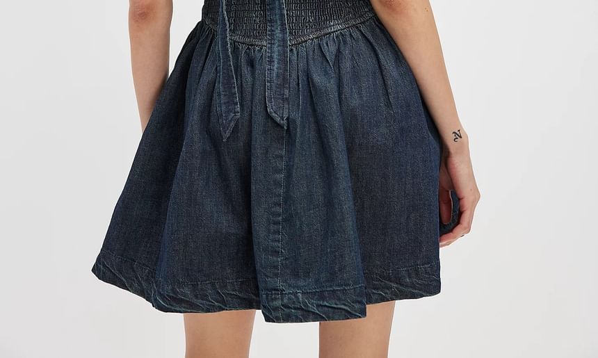 Washed Mini Denim Dress Sleeveless Slim-Fit Square-Neck