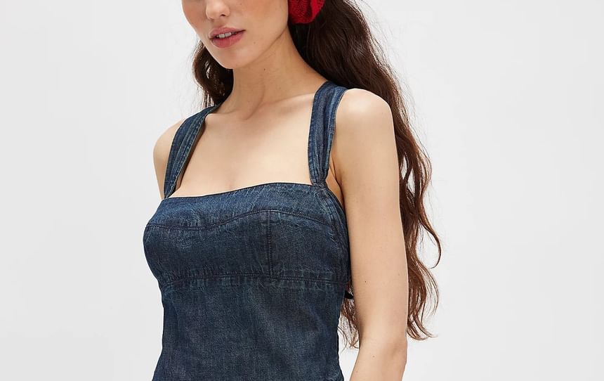 Washed Mini Denim Dress Sleeveless Slim-Fit Square-Neck