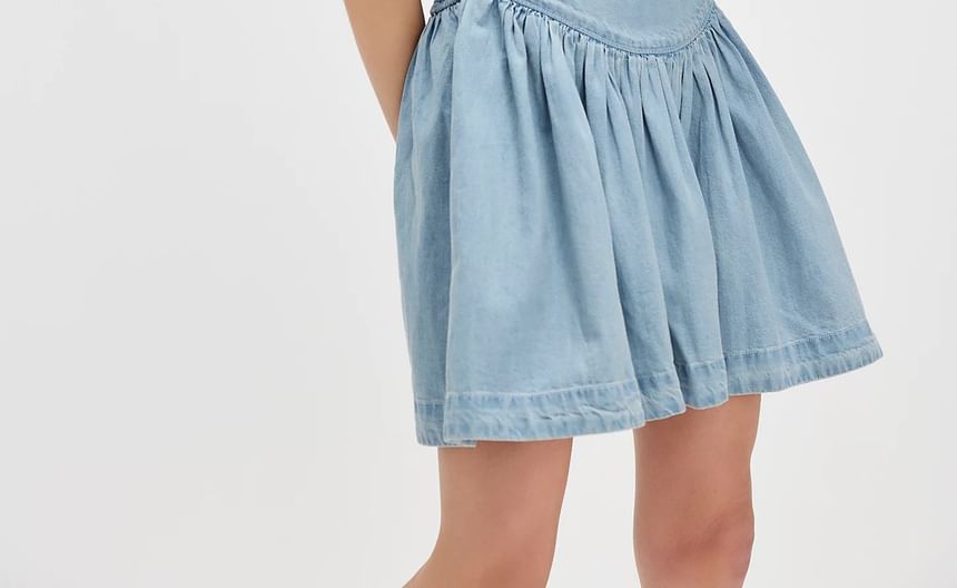 Washed Mini Denim Dress Sleeveless Slim-Fit Square-Neck