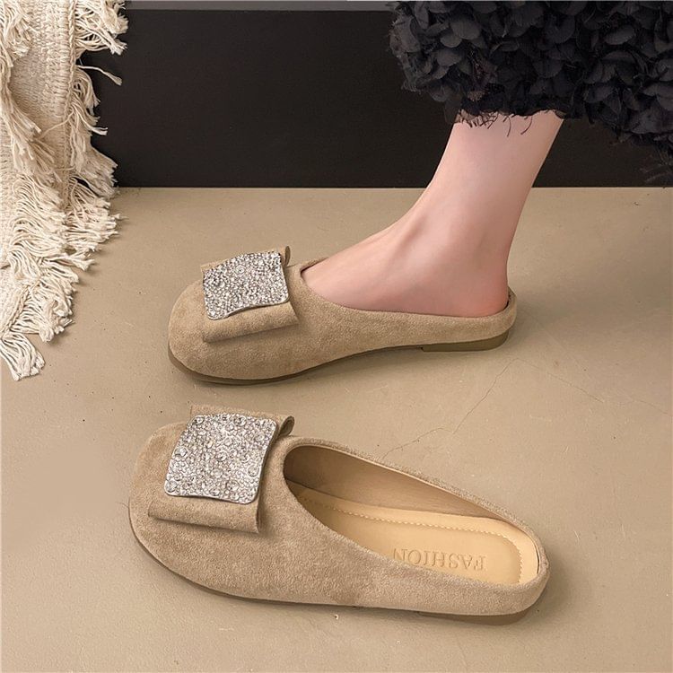 Toe Round Flat Mules Rhinestone