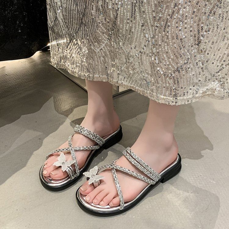 Slide Toe Sandals Criss Cross Butterfly Loop Rhinestone