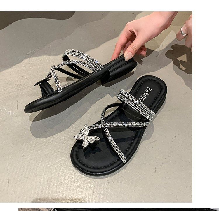 Slide Toe Sandals Criss Cross Butterfly Loop Rhinestone