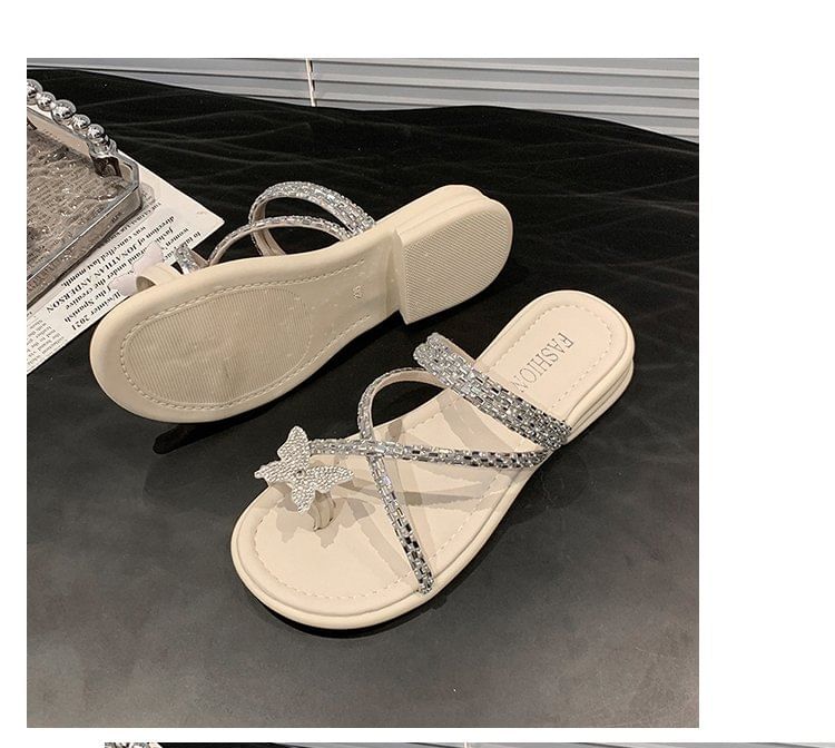 Slide Toe Sandals Criss Cross Butterfly Loop Rhinestone