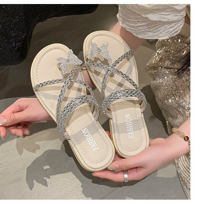 Slide Toe Sandals Criss Cross Butterfly Loop Rhinestone
