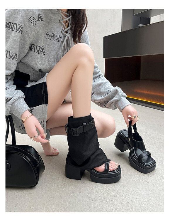 Slingback Set: Platform Chunky + Heel Leg Buckled Warmers Sandals