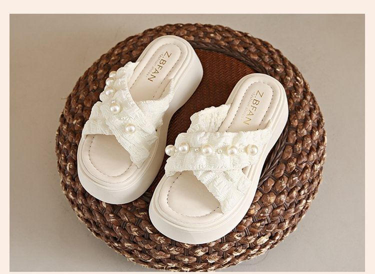 Slide Faux Platform Criss Sandals Cross Pearl
