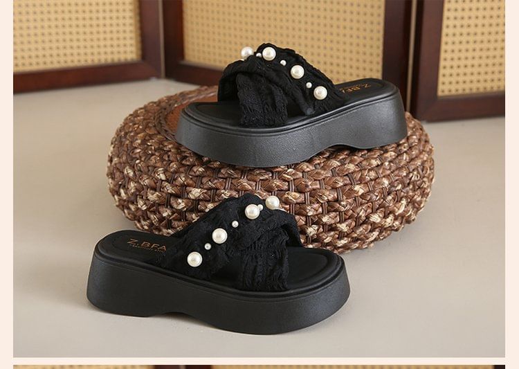 Slide Faux Platform Criss Sandals Cross Pearl