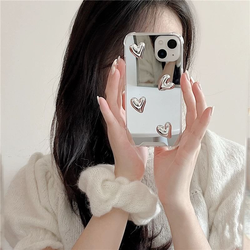 Mirrored Phone Case with Heart Adhesive Decoration / Heart Strap / Set