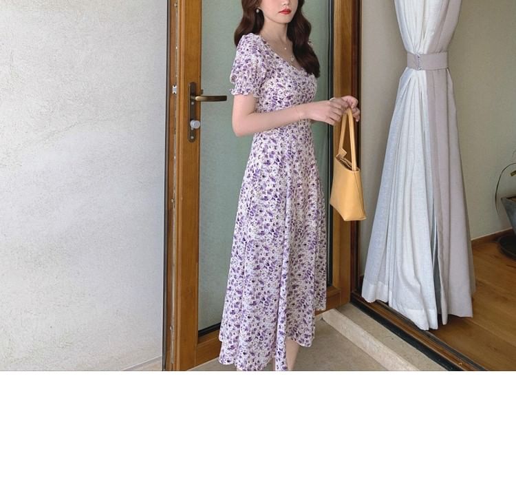 A-Line Floral Dress Midi Puff-Sleeve Slit