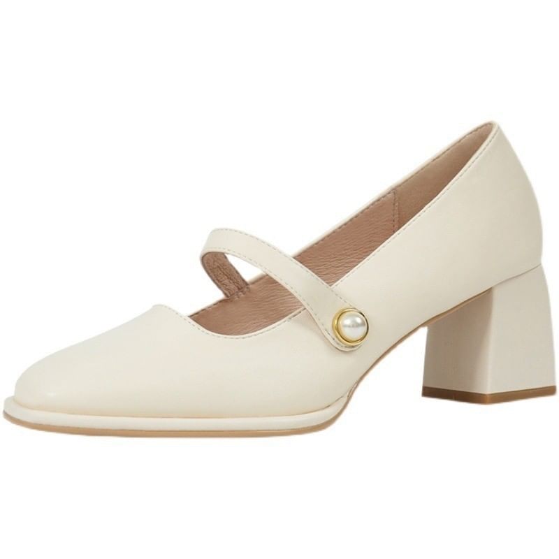 Square Toe Faux Pearl Chunky Heel Mary Jane Pumps