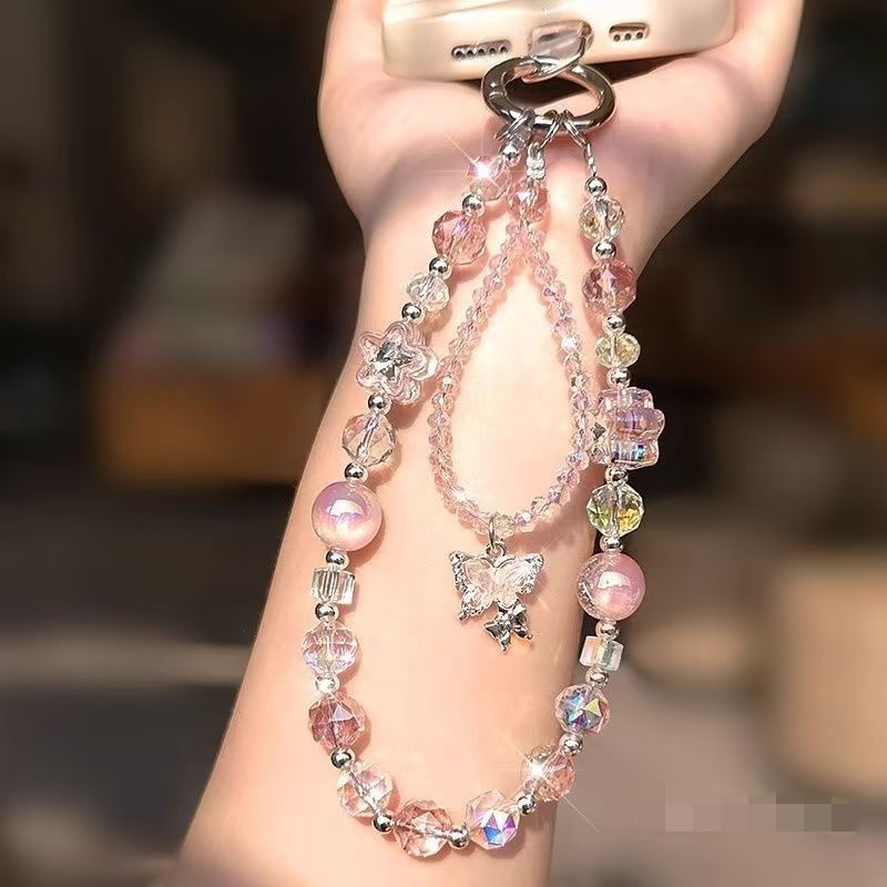 Phone Butterfly Beaded Wrist with Lanyard Faux Strap Pad Crystal