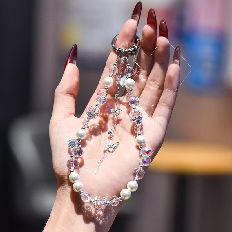 with Wrist Butterfly Lanyard Strap Pad Faux Phone Pearl