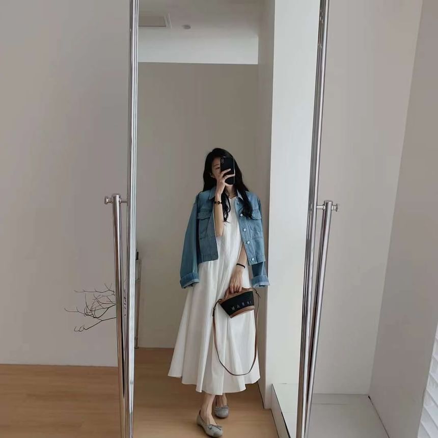 Sleeveless Crew Neck Plain Pleated Midi A-Line Dress