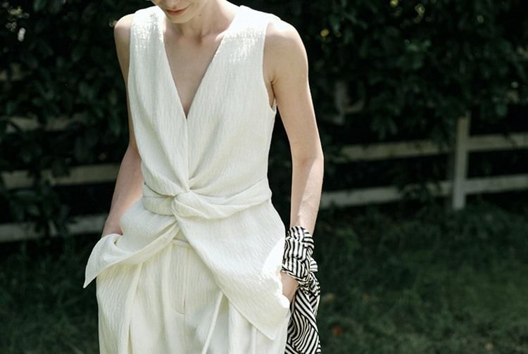 Rise / Slit Tank Top Leg Knot High V-Neck Pants Plain Wide
