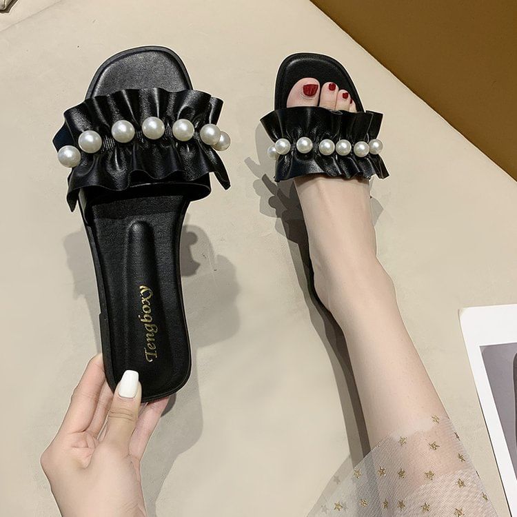 Pearl Sandals Ruffle Faux Slide