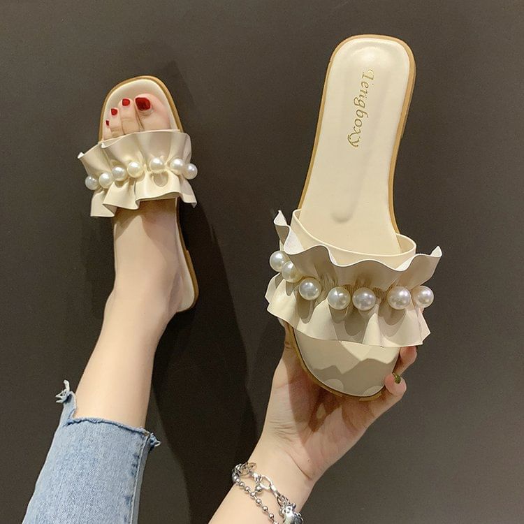 Pearl Sandals Ruffle Faux Slide