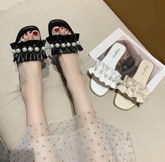 Pearl Sandals Ruffle Faux Slide