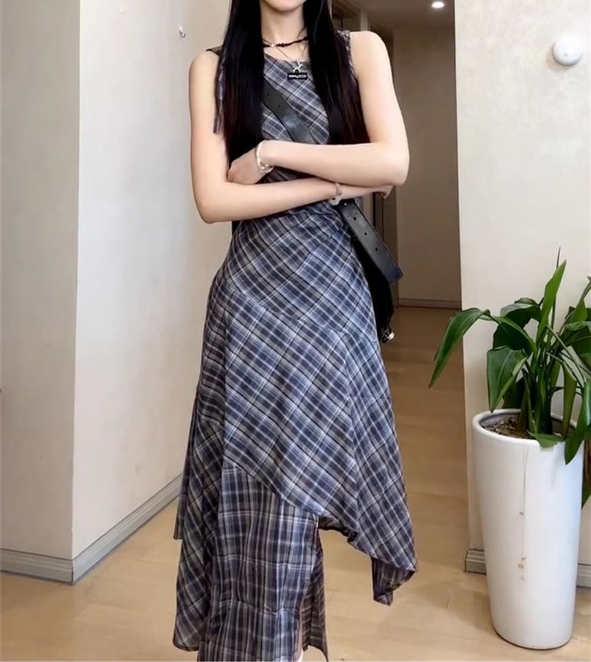 Neck Dress Plaid Sleeveless Maxi Asymmetrical A-Line Round