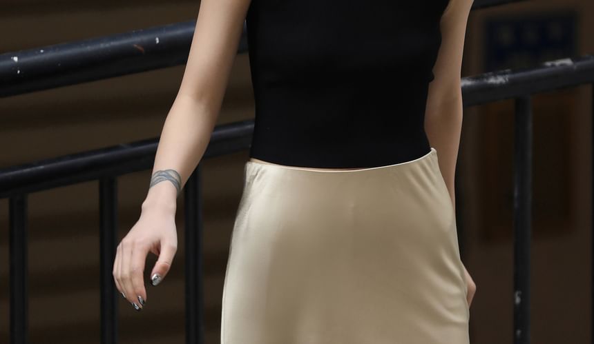 Plain Pencil Midi Satin Rise Slit Skirt High