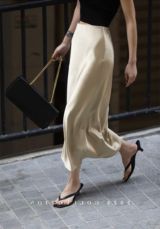 Plain Pencil Midi Satin Rise Slit Skirt High