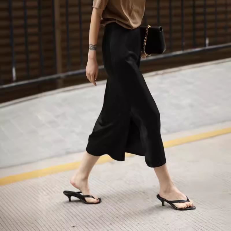 Plain Pencil Midi Satin Rise Slit Skirt High
