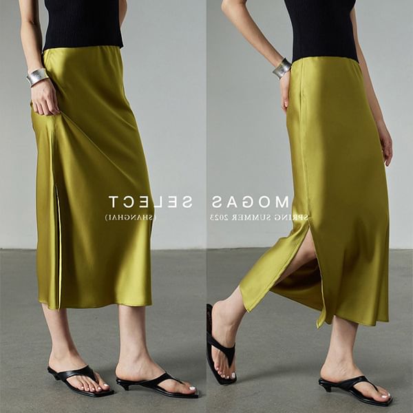 Plain Pencil Midi Satin Rise Slit Skirt High