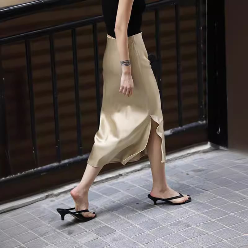 Plain Pencil Midi Satin Rise Slit Skirt High