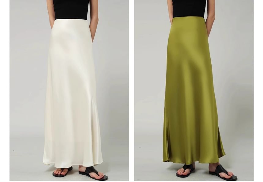 Maxi Plain A-Line Satin High Waist Skirt