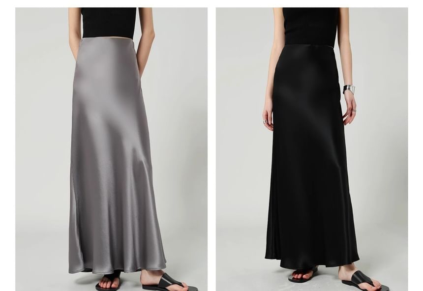 Maxi Plain A-Line Satin High Waist Skirt