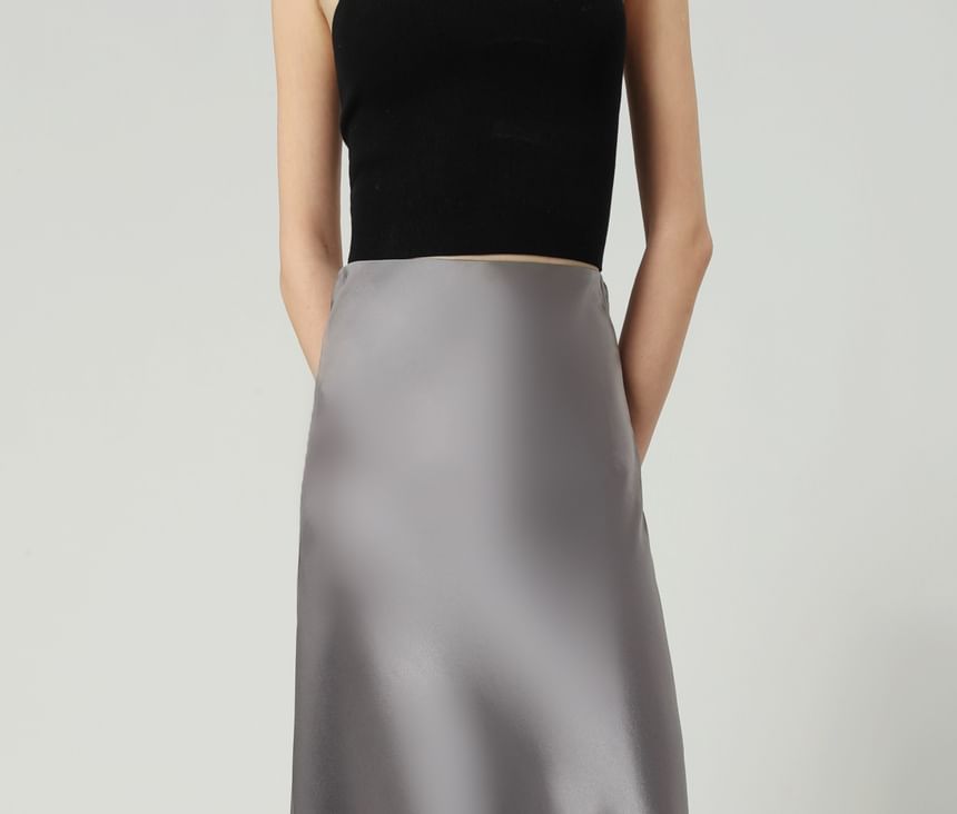 Maxi Plain A-Line Satin High Waist Skirt