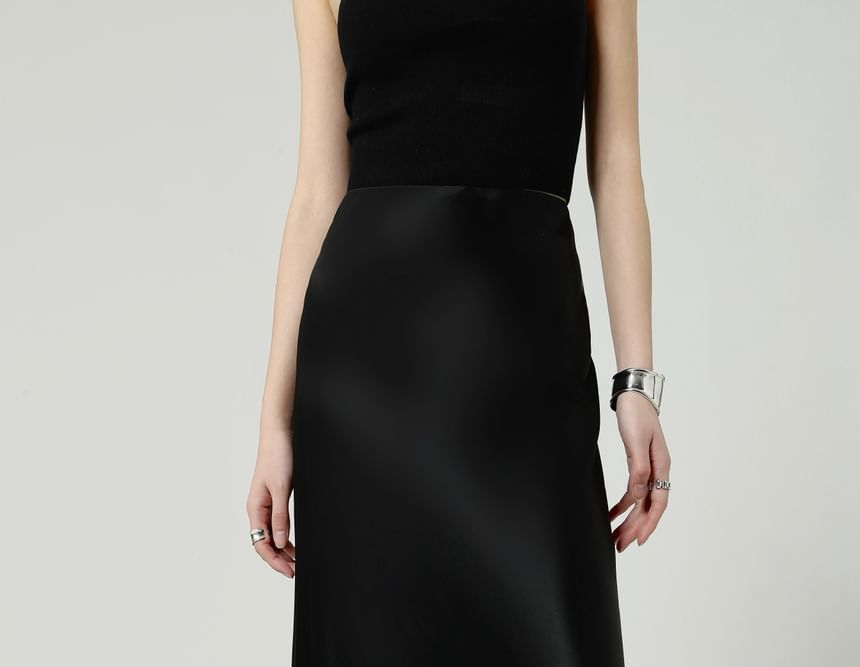 Maxi Plain A-Line Satin High Waist Skirt