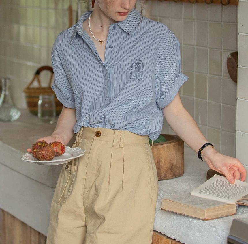 Collared Striped Embroidered Button-Up Blouse Elbow-Sleeve