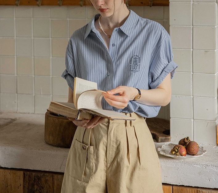Collared Striped Embroidered Button-Up Blouse Elbow-Sleeve