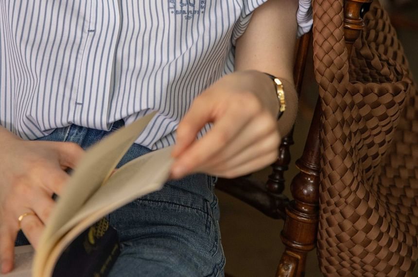 Collared Striped Embroidered Button-Up Blouse Elbow-Sleeve