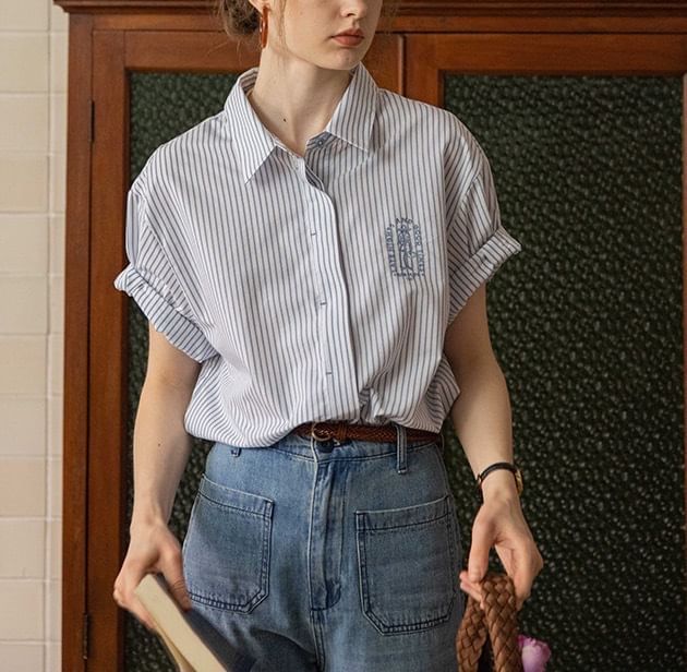 Collared Striped Embroidered Button-Up Blouse Elbow-Sleeve