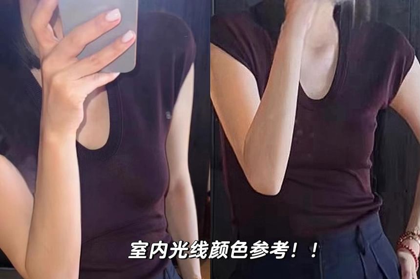 Wholesale Sample Cap-Sleeve Scoop Neck Plain Slim Fit Knit Top