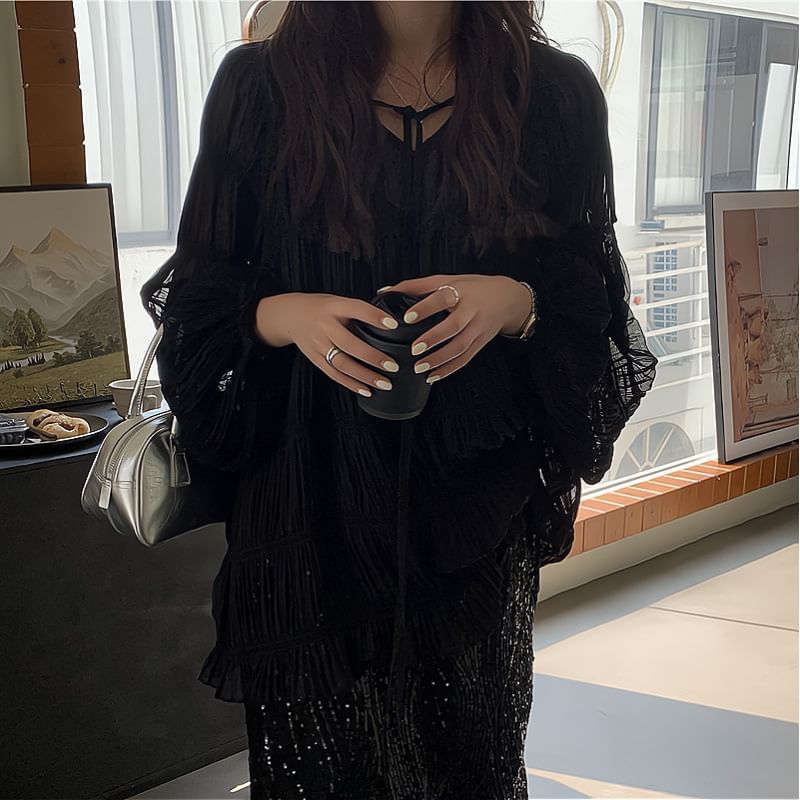 Skirt Plain Sheer Front Blouse H-Line Midi Long-Sleeve High Tie Set Cami V-Neck / Sequin Rise Top