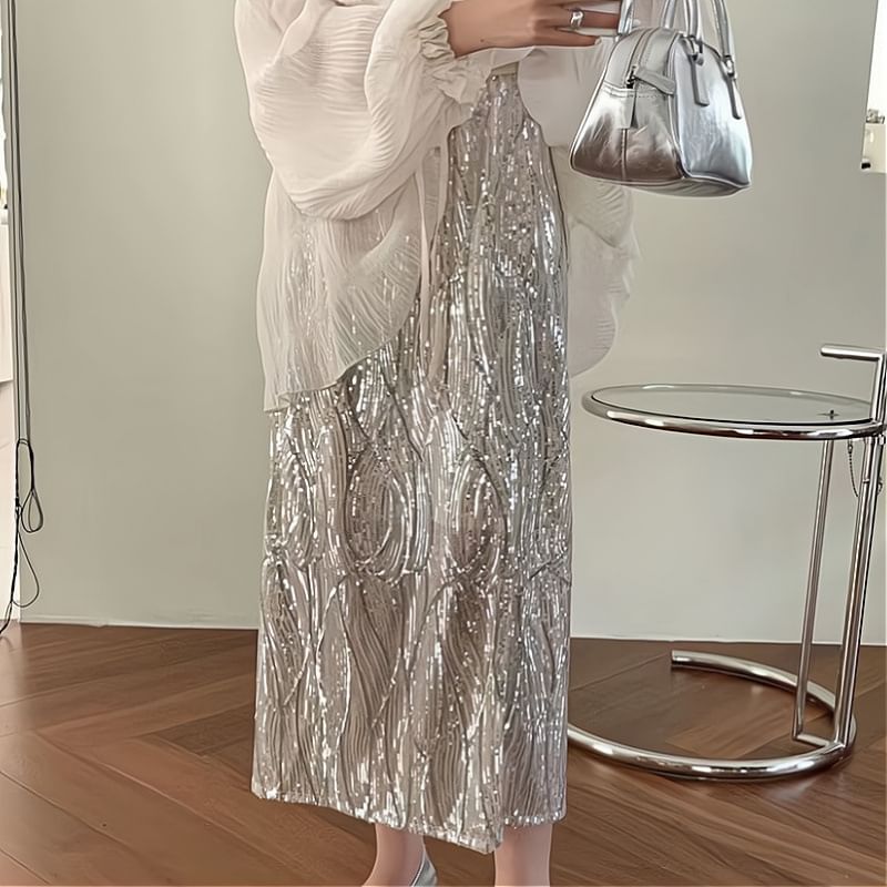 Skirt Plain Sheer Front Blouse H-Line Midi Long-Sleeve High Tie Set Cami V-Neck / Sequin Rise Top