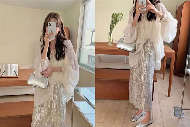 Skirt Plain Sheer Front Blouse H-Line Midi Long-Sleeve High Tie Set Cami V-Neck / Sequin Rise Top