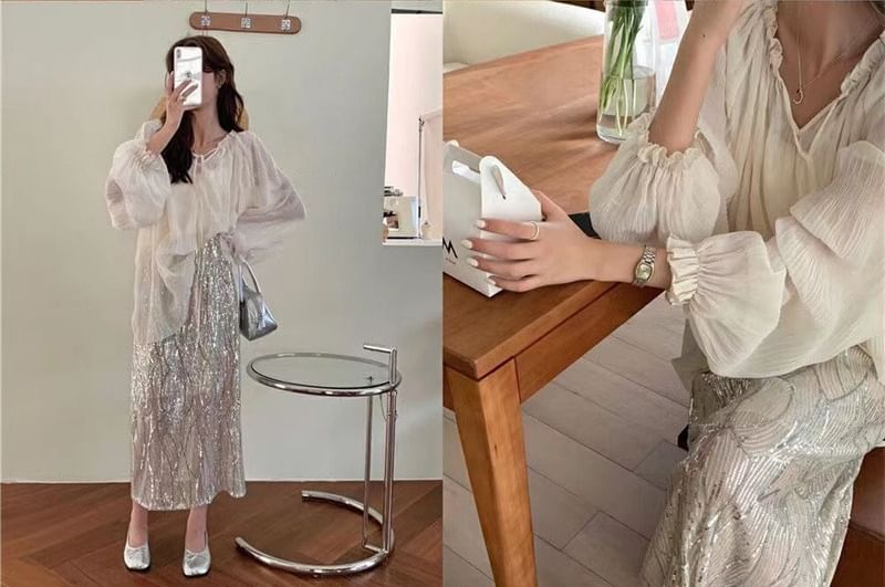 Skirt Plain Sheer Front Blouse H-Line Midi Long-Sleeve High Tie Set Cami V-Neck / Sequin Rise Top