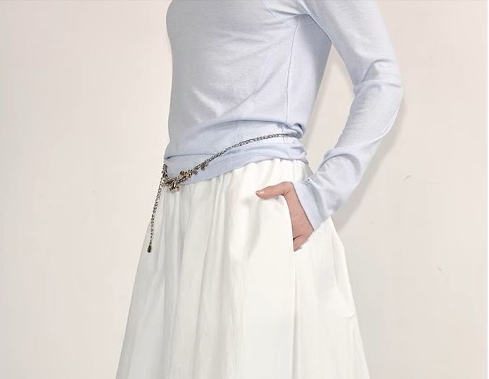 Plain Elastic Midi Skirt Paperbag Waist